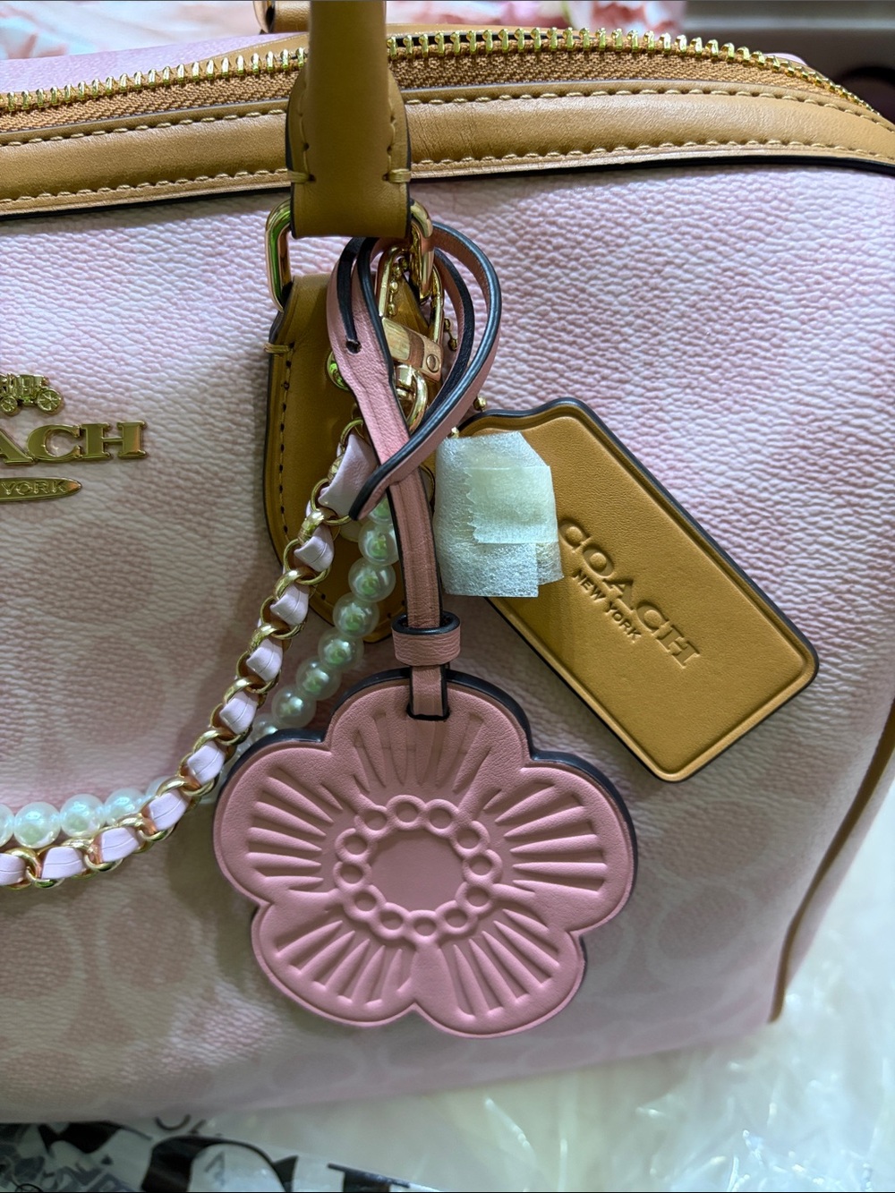 Coach Pink Signature Satchel with Pearl Chain & Floral Charm - Picture 7 of 7